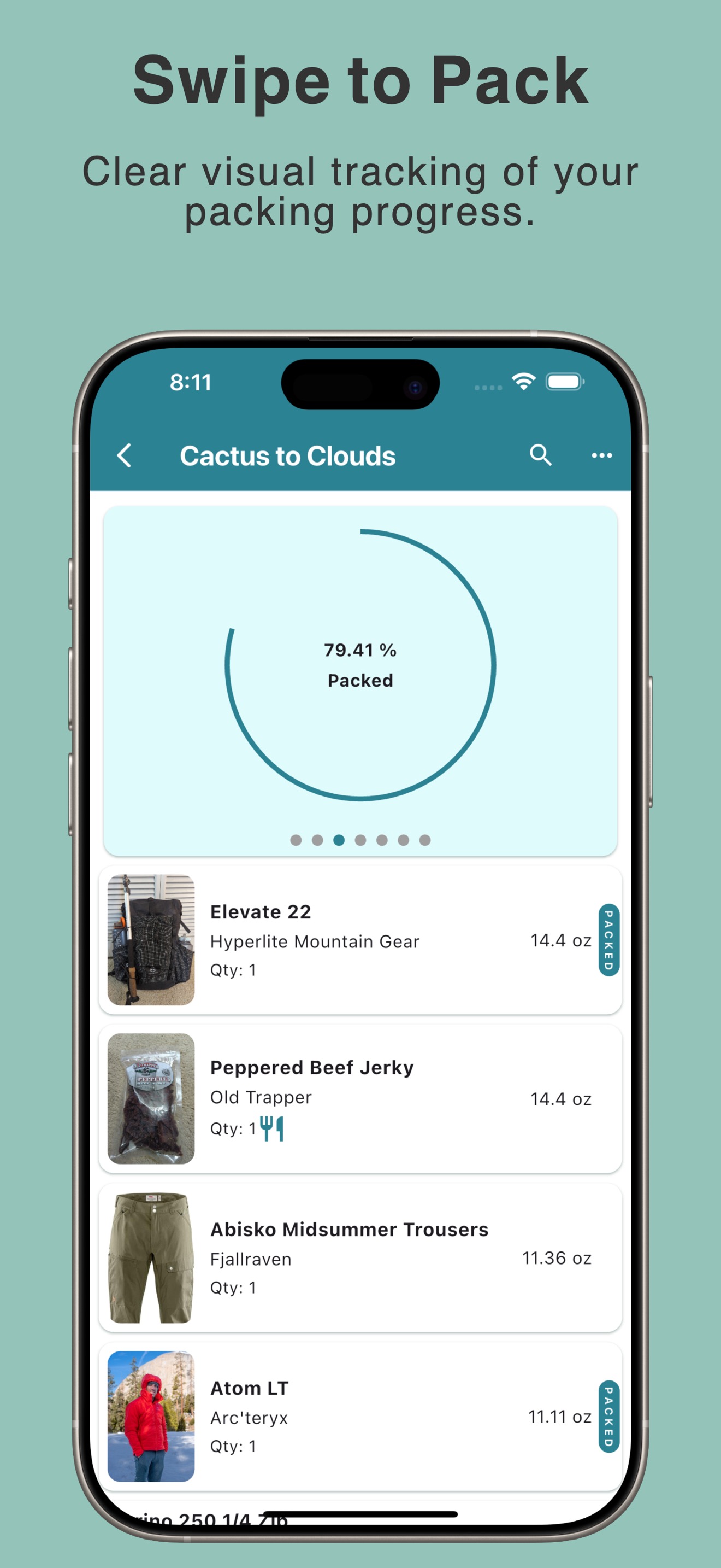 Swipe to pack gear
